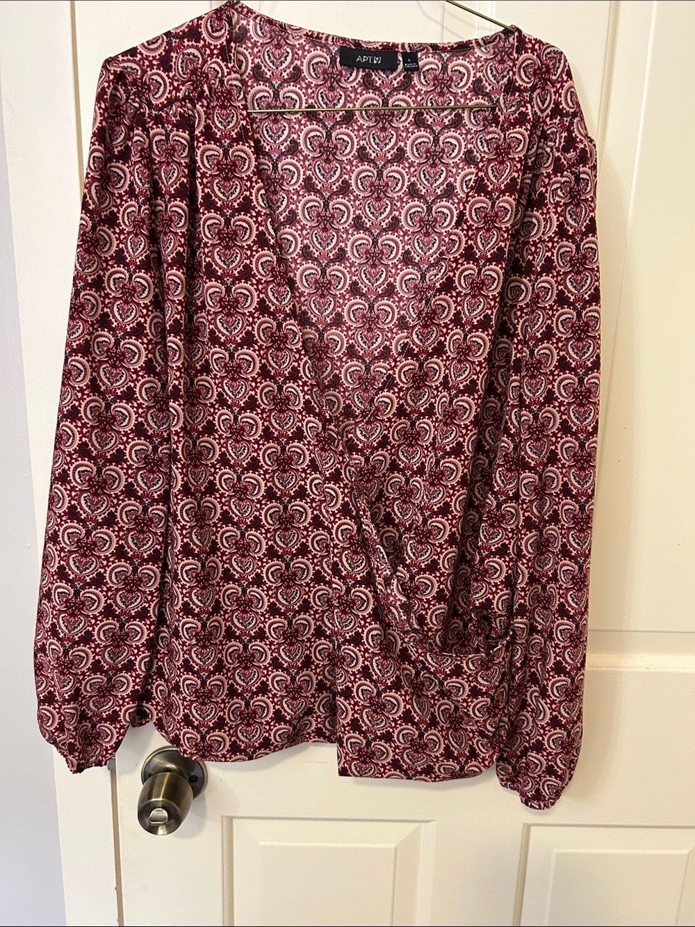 Apt. 9 Burgundy Patterned Long-Sleeve Wrap Blouse